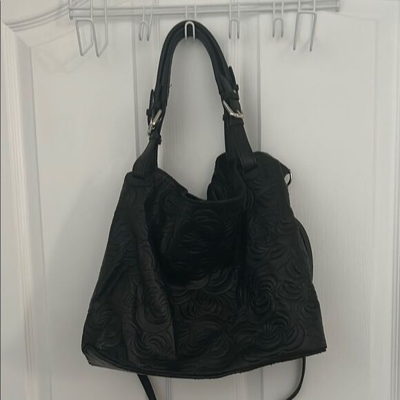 Genuine Leather Floral Embossed Slouchy Handbag Crossbody Black - Picture 1 of 8